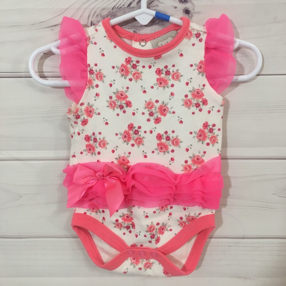 Kyle & Deena 0-3M Pink Frill Floral Ruffle Bow Onesie Beautiful